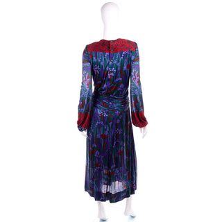 1980s Numbered Lanvin Paris Dress in Green & Purple Floral Jersey