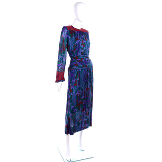 1980s Numbered Lanvin Dress in Green & Purple Floral Jersey Print