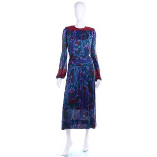 80s Numbered Lanvin Dress in Green & Purple Floral Jersey
