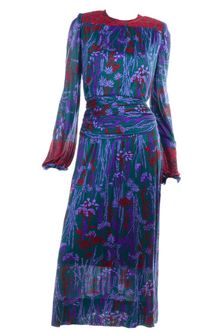 1980s Numbered Lanvin Dress in Green & Purple Floral Jersey