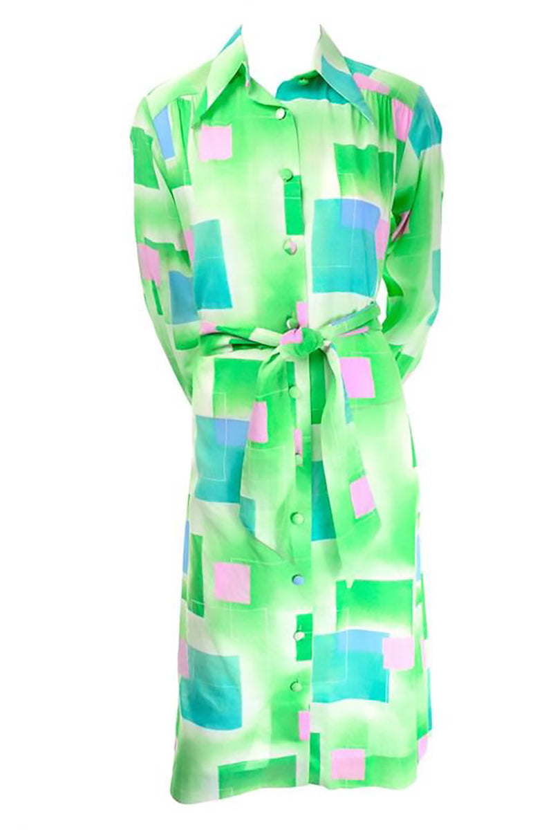 1970s Lanvin Vintage Shirt Dress Green Blue and Pink Geometric M/L Modig 1970s Lanvin Vintage Shirt Dress Green Blue and Pink Geometric M/L Modig