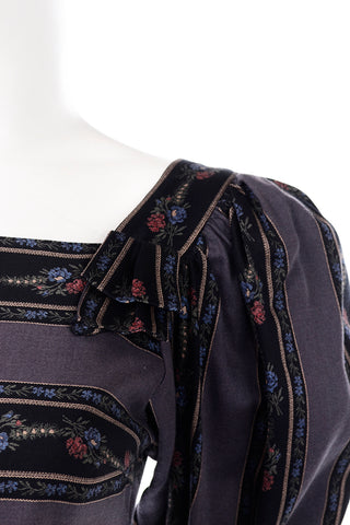 Lanz of Salzburg Vintage Puff Sleeve Cotton Gray Dress Rose Print