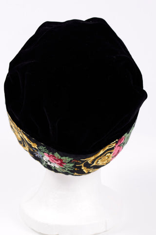 1980s Laura Ashley Black Velvet Brimless Cap w/ Thick Embroidered Band