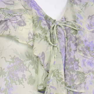 Laura Ashley Vintage Purple Green Floral Silk Chiffon Ruffled Blouse 1980s