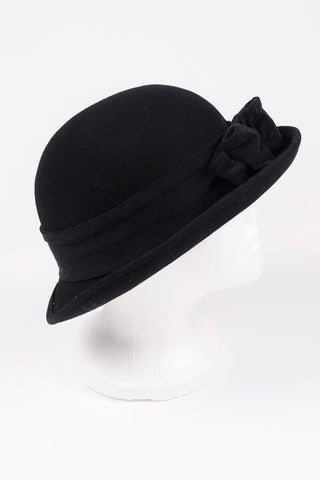 1980s Laura Ashley Black Wool Hat w/ Black Ribbed Bow