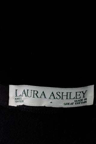1980s Laura Ashley Black Wool Hat w/ Black Ribbed Bow