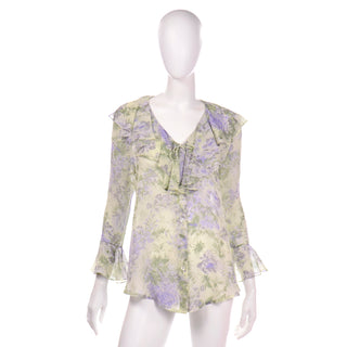Laura Ashley Vintage Purple Green Floral Silk Chiffon Ruffled Romantic Blouse