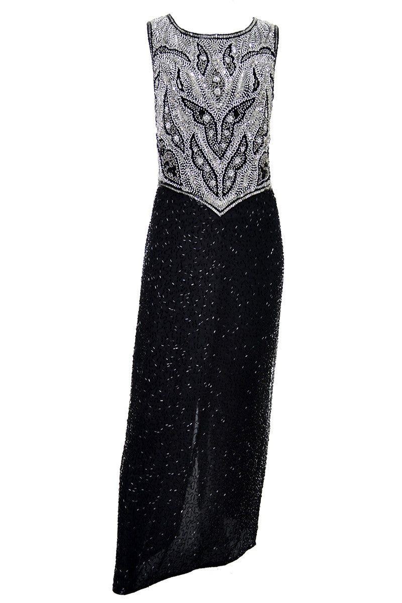 Laurence Kazar Dress Vintage Beaded Evening Gown Dress Black Silver Modig Laurence Kazar Dress Vintage Beaded Evening Gown Dress Black Silver Modig
