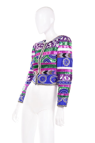 Colorful Laurence Kazar Beaded Silk Cropped Vintage Jacket 1980s Silk
