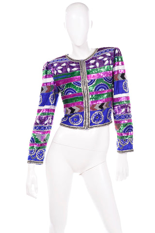 1980s Colorful Laurence Kazar Beaded Silk Cropped Vintage Jacket