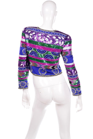 Colorful Laurence Kazar Beaded Silk Cropped Vintage Jacket 1980s sparkle