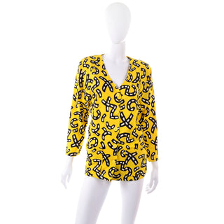 1980s Bright Yellow Skirt & Top Dress w/ Black & White Graphic Road Print