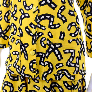 1980s Bright Yellow Skirt & Top Dress w/ Black & White Graphic Road Print