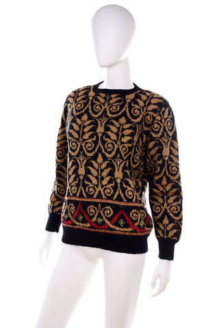 1990s Lena Stengard Black Wool Sweater w/ Botanical Gold Designs