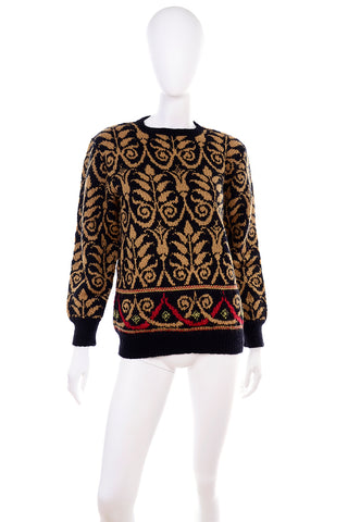 1990s Lena Stengard Black Wool Sweater w/ Botanical Gold Designs