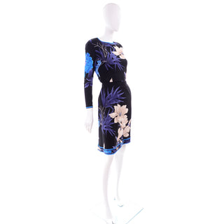 Leonard 2 Pc Dress in Black Silk Jersey w Blue & Cream Flowers Skirt Top