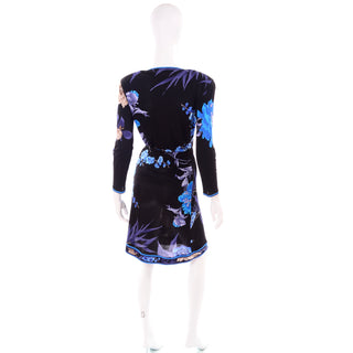 Leonard 2 Pc Dress in Black Silk Jersey w Blue & Cream Flowers excellent
