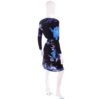 Leonard 2 Pc Dress in Black Silk Jersey top skirt w Blue & Cream Flowers