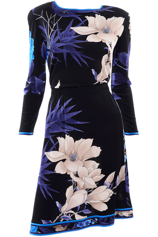 Leonard 2 Pc Dress in Black Silk Jersey w Blue & Cream Flowers As New