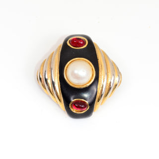1980s Les Bernard Clip-On Earrings w/ Faux Pearl and Red Gemstones