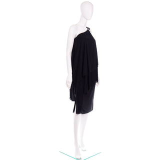 1970s silk jersey Lilli Diamond Vintage Black Grecian Style One Shoulder Evening Dress
