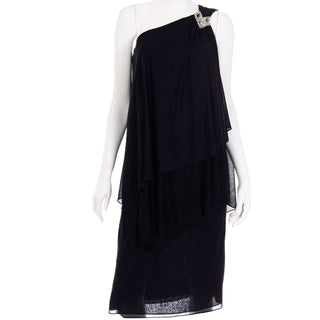 Lilli Diamond Vintage Black Grecian Style One Shoulder Evening Dress Rhinestone embellishment