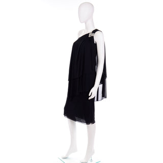 70s Lilli Diamond Vintage Black Grecian Style One Shoulder Evening Dress