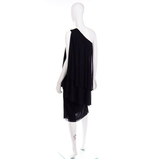 1970s Lilli Diamond Vintage Black Grecian Style One Shoulder Evening Dress Black Silk Jersey