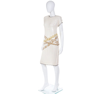 1980s Lillie Rubin Vintage Sequin Silk Dress W Faux Gold Copper & Silver Chain Detail