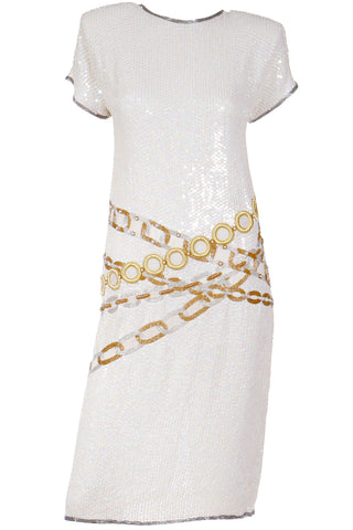 1980s Lillie Rubin Vintage Sequin Silk Dress W Faux Gold Copper & Silver Chain Detail