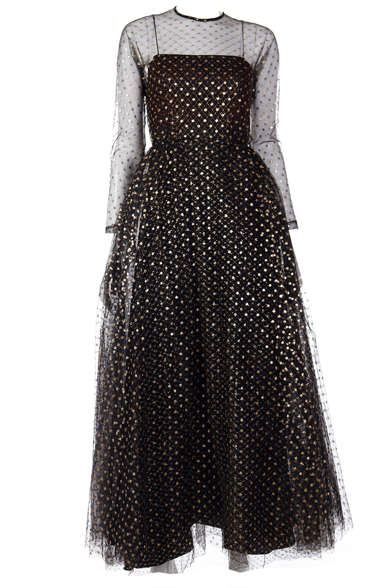 Black And Gold Polka Dot Prom Dress Late 1970s Lillie Rubin Black Tulle Long Evening Gown Black And Gold Polka Dot Prom Dress Late 1970s Lillie Rubin Black Tulle Long Evening Gown