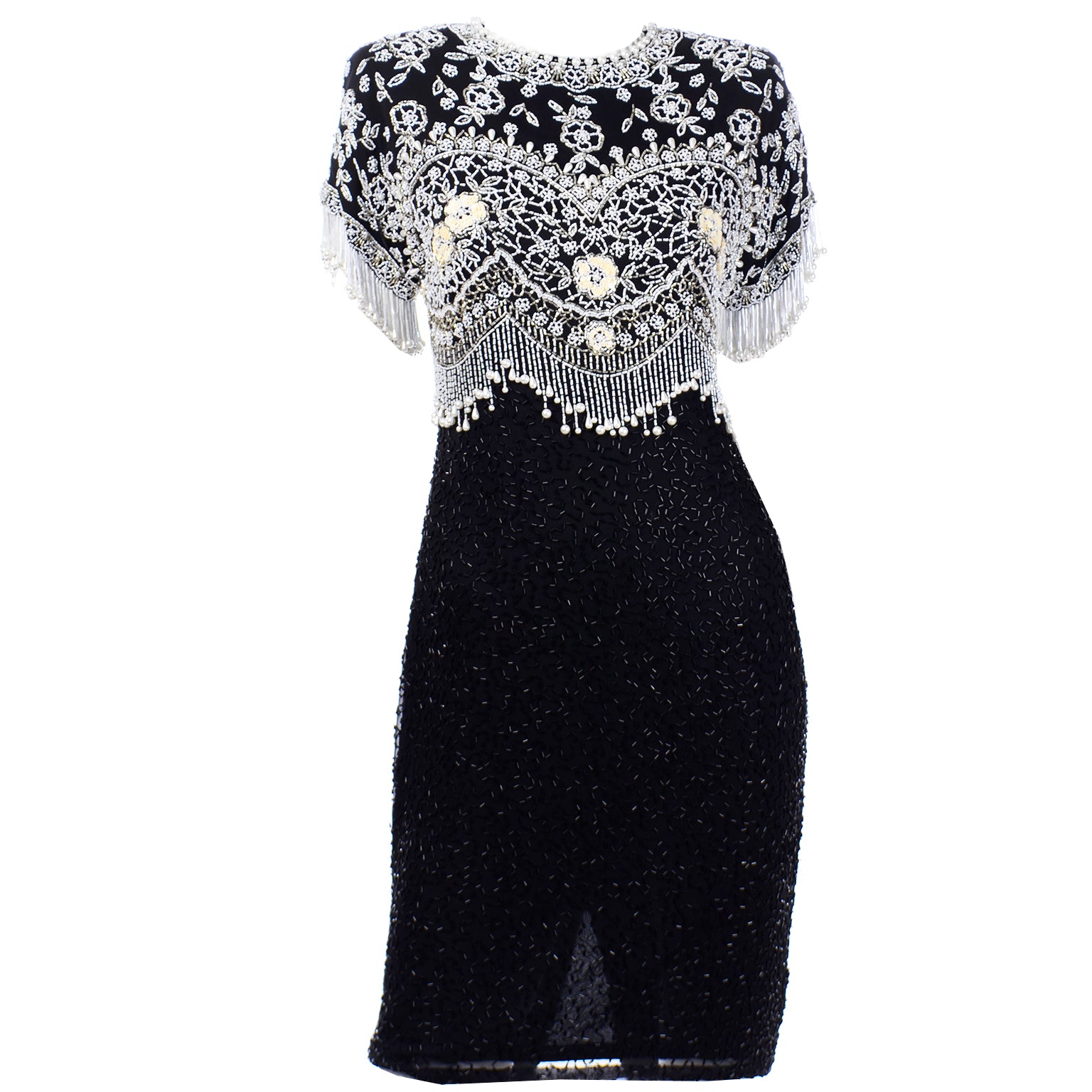 Lillie Rubin Vintage Beaded Black Silk Evening Dress w Beads & Pearls Modig Lillie Rubin Vintage Beaded Black Silk Evening Dress w Beads & Pearls Modig