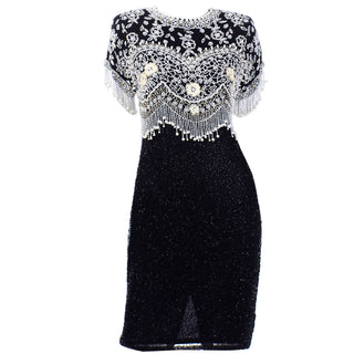 Lillie Rubin Vintage Beaded Black Evening Dress with Pearls silk