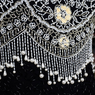 Lillie Rubin Vintage Beaded Black Evening Dress with Pearls & beaded Tassels