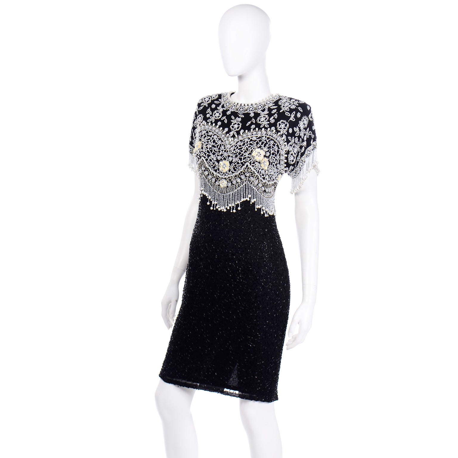 Lillie Rubin Vintage Beaded Black Silk Evening Dress w Beads & Pearls Modig Lillie Rubin Vintage Beaded Black Silk Evening Dress w Beads & Pearls Modig