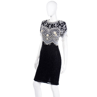 Lillie Rubin Vintage Beaded Black Evening Dress with Pearls Beading