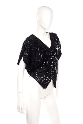 1980s Linsiano Black Silk Sequin Beaded Butterfly Top