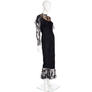 1980s Loris Azzaro Paris Black Lace Victorian Style Evening Dress Size S