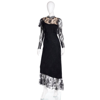 1980s Loris Azzaro Paris Black Lace Victorian Style Evening Dress Wednesday Addams
