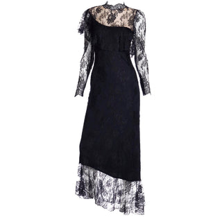 1980s Loris Azzaro Paris Black Lace Victorian Style Evening Dress Made in France