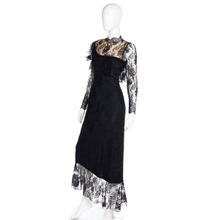 1980s Loris Azzaro Paris Black Lace Victorian Style Evening Dress with asymmetrical hemline