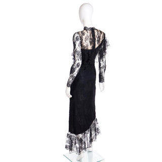 Late 1970s or Early 1980s Loris Azzaro Paris Black Lace Victorian Style Evening Dress