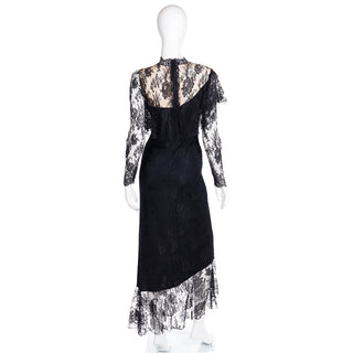 1980s Loris Azzaro Paris Black Lace Victorian Style Evening Dress with illusion bodice