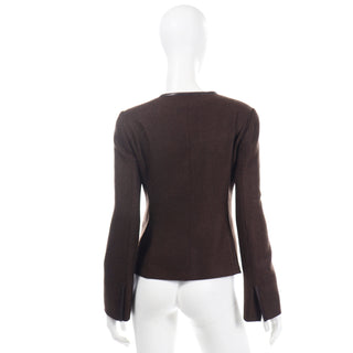 1990s Loro Piana Brown Cashmere Sweater Jacket With Leather Trim  size 8