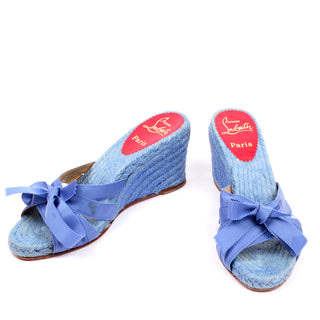 Christian Louboutin blue wedge sandals shoes ribbons