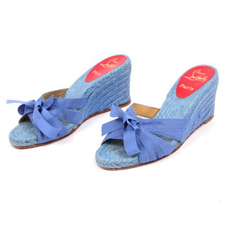 Christian Louboutin blue wedge sandals shoes ribbons 37