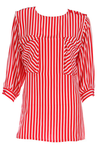 1980s Louis Feraud Red & white Striped Silk 3/4 Sleeve Blouse Top