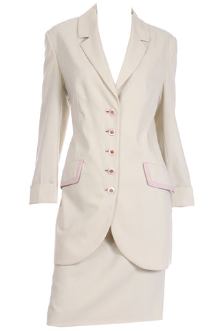 1990s Louis Feraud Neutral Minimalist Long Jacket & Skirt Suit