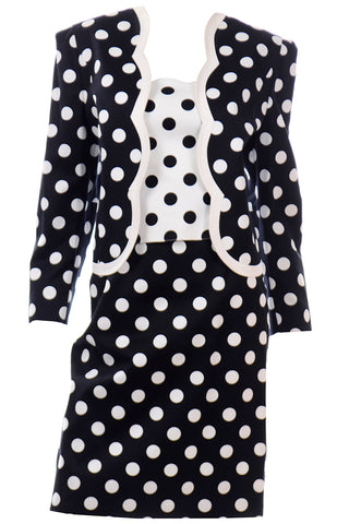 Vintage Louis Feraud Black & White Polka Dot 3 Pc Suit Bustier Skirt & Jacket