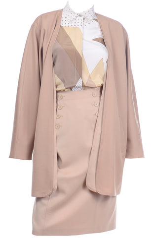 Louis Feraud Tan Skirt Suit with Longline Jacket and Blouse